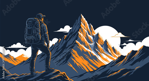 Hiker standing on a mountain peak admiring the sunrise in a scenic wilderness landscape illustration.