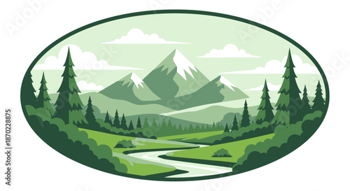 Illustration of a scenic mountain landscape with river, pine trees, and clouds in a green color palette.