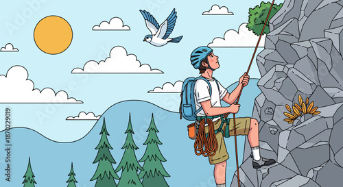 Illustration of a climber ascending a rocky mountain with safety gear on a sunny day outdoors.
