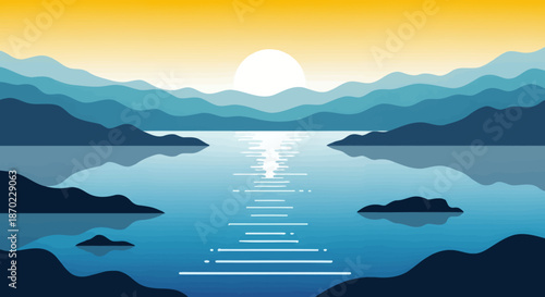 Minimalist illustration of sunrise over serene mountain lake with calm water and distant hills.
