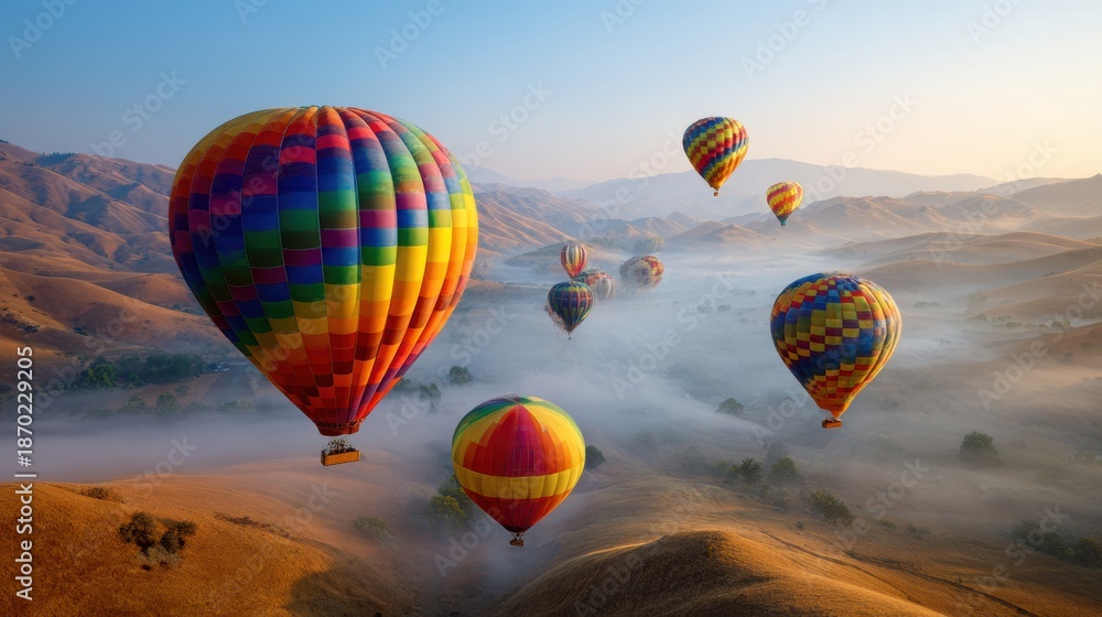 Obraz premium Colorful Hot Air Balloons Rise Over a Scenic Valley at Dawn, Capturing the Joy of a Festival in the Sky