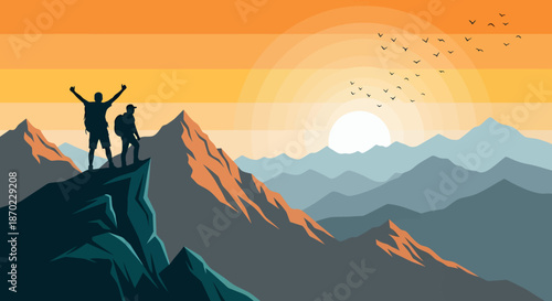 Two hikers celebrating on a mountain peak at sunrise with scenic landscape views.