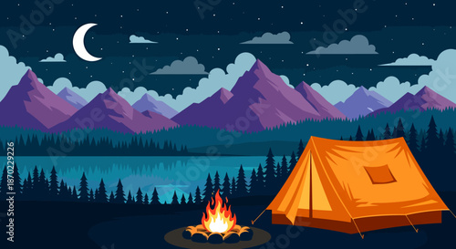 Night camping scene with tent and campfire by a lake in the mountains under a starry sky.