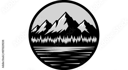 Black and white circular illustration of mountains, forest, and a lake reflecting the landscape.