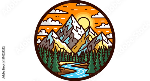 Colorful illustration of a mountain landscape with pine trees, river, and sunset sky inside a circular frame.