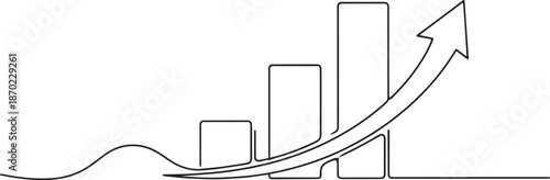 Bar chart with rising arrow, minimalist black line art vector.