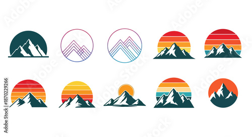 Set of colorful minimalist mountain and sunset graphic icons in various styles.