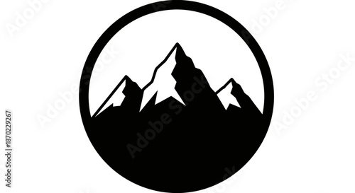 Black and white minimalist mountain silhouette inside a circular frame design.