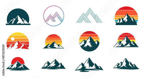 Collection of stylized mountain icons with colorful sun backgrounds in various graphic designs.