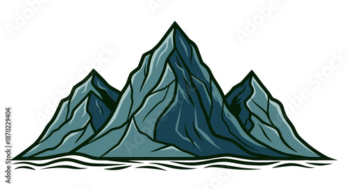Stylized illustration of a mountain range with sharp peaks and rocky textures.