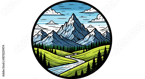 Scenic illustration of a mountain landscape with river, pine trees, and blue sky in a circular frame.
