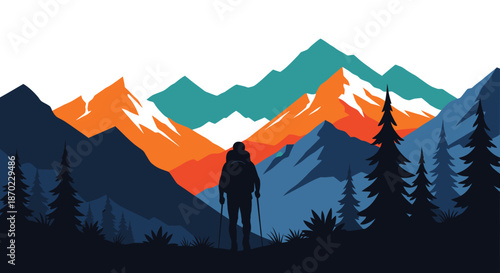 Silhouette of a hiker standing among pine trees with colorful mountains in the background.