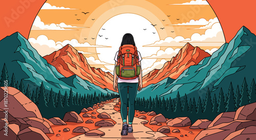 Woman with backpack hiking along a mountain trail at sunrise in a scenic landscape illustration.