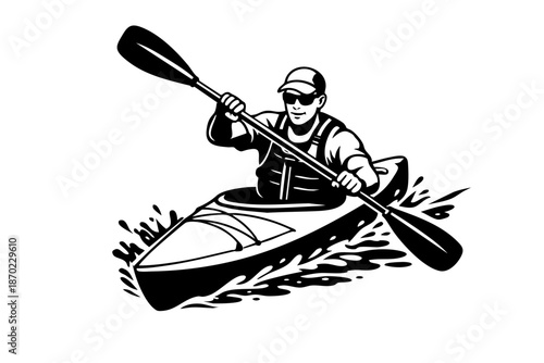 Black and white clean vector illustration of a kayaker paddling forward, front-three-quarter angle