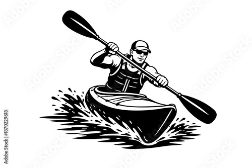 Low-angle perspective of a kayaker paddling aggressively