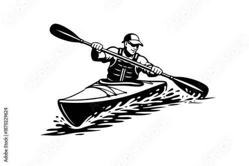 Kayaker turning sharply using paddle stroke, diagonal dynamic composition