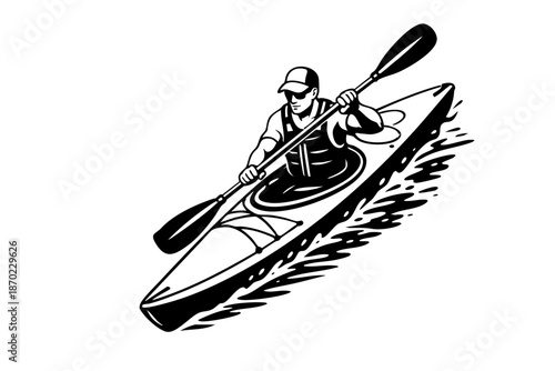 Isometric-style kayaking illustration showing kayak and paddler proportions clearly