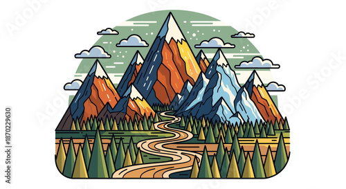 Colorful illustration of a winding path leading through a forest toward tall mountain peaks.