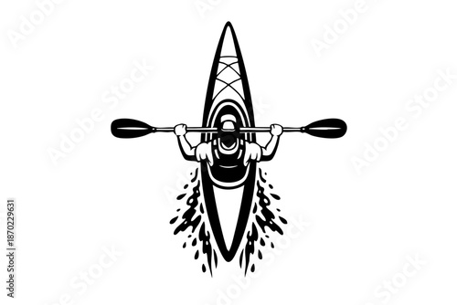 Top-down view of a kayak cutting through water, symmetrical paddle position