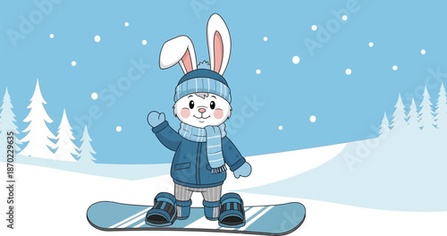 Happy cartoon bunny and cute snowman celebrate the New Year with snowboards in a fun winter vector illustration card featuring a character hare in the snow