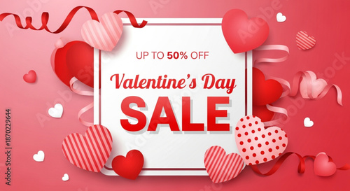 Valentine's day gift sale 50% off poster or banner with many sweet hearts. Happy Valentines day sale banner. Shining red and pink balloons 3d hearts background. Happy Valentine's Day, 50% Sale banner.