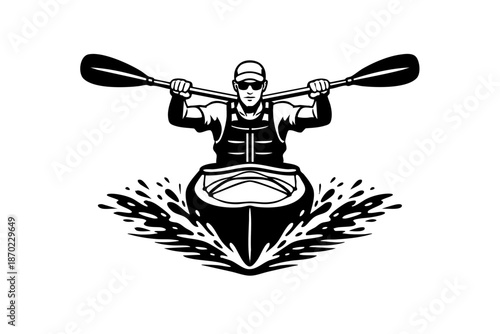 Front view kayaking illustration with paddle raised mid-stroke, strong symmetry