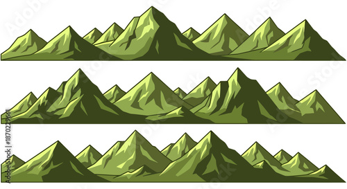 Illustration of three rows of green mountain ranges with sharp peaks and valleys on a white background.