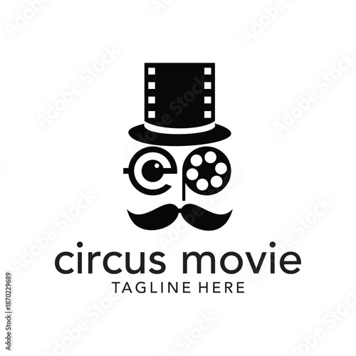 Creative logo design featuring a vintage gentleman character with hat, glasses, and mustache inside a film strip frame. Suitable for film production, movie studio, video creator, cinema brand