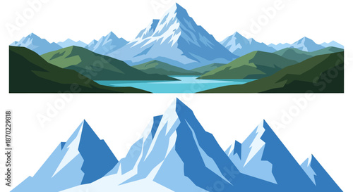 Vector illustration of snow-capped mountain ranges with green hills and a blue lake in the foreground.