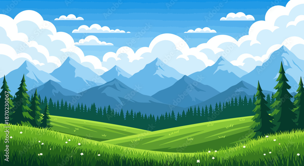 Fototapeta premium Sunny mountain landscape with green meadows, pine trees, and blue sky with clouds.