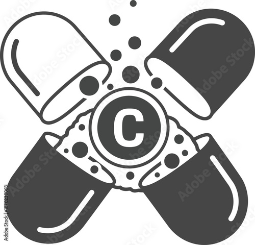 Vitamin c capsule open releasing particles and letter c symbol for health and nutrition vector
