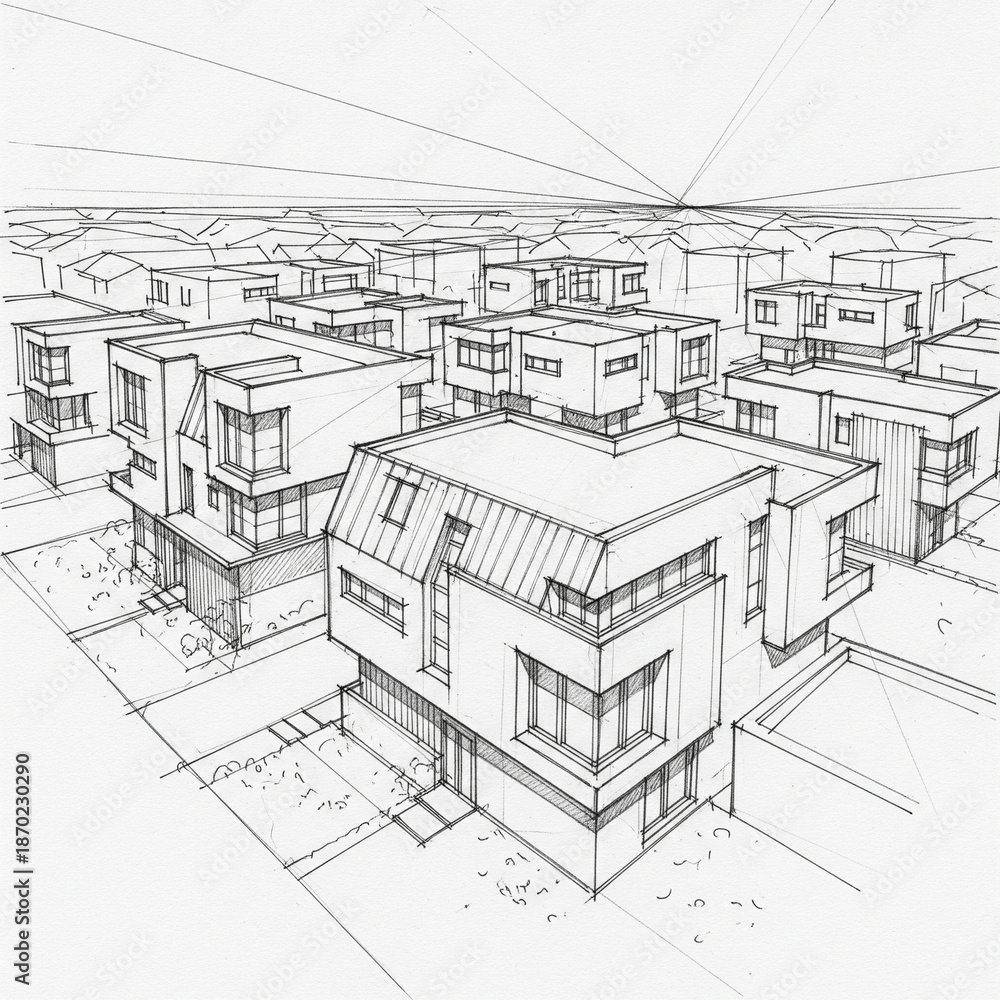 Fototapeta premium Detailed architectural perspective sketch illustrating a modern residential neighborhood, featuring contemporary housing designs and innovative urban planning concepts