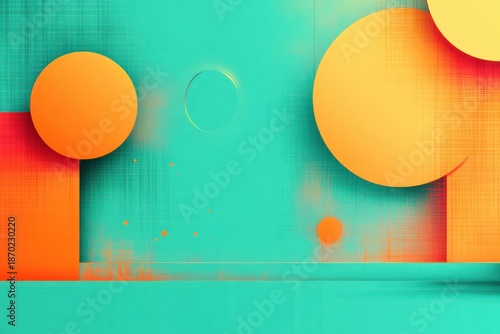 minimal abstract composition with large orange circular forms and rectangular pillars on a textured teal backdrop conveying vibrant warm-cool contrast and playful calm emotion