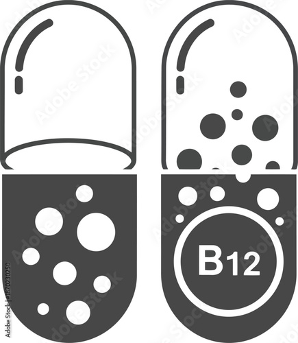 Vitamin b12 capsule illustration showing contents and essential nutrient label icon simple clean design vector