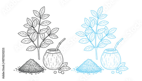 Hand drawn yerba mate tea set with leaves cup and straw outline vector illustration design