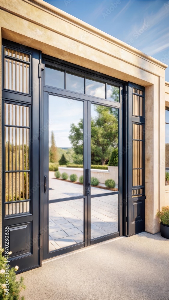 Fototapeta premium Grand Estates Dramatic Entrance with Black Aluminum Swing Doors and Lush Nature Views