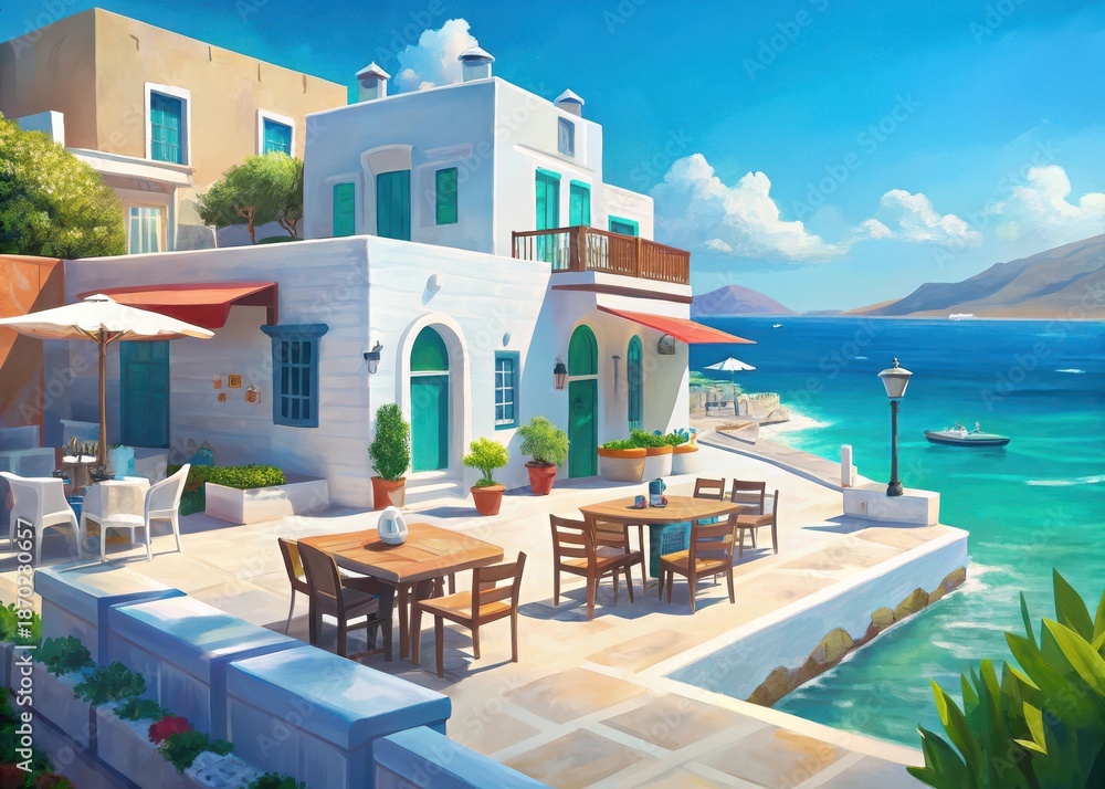 Fototapeta premium Opa Authentic Greek seaside taverna with turquoise waters and whitewashed buildings