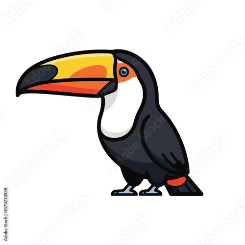 A vibrant Toco toucan with a colorful orange beak and black feathers is isolated on a white background, representing exotic tropical wildlife from the Brazilian rainforest jungle