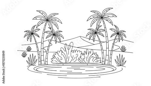 Palm trees and pond scenery line art on transparent background for coloring book vector