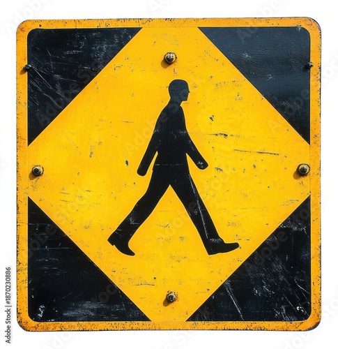 weathered yellow pedestrian crossing sign with black walking silhouette, rusted bolts and scratched paint conveying caution and urban wear