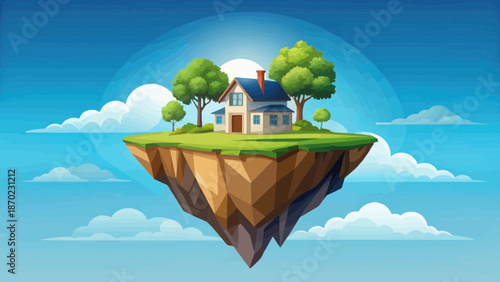 Floating Island House Amidst Blue Sky and Clouds