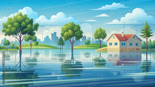 Flooded suburban landscape with city skyline and house