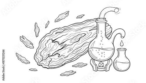 Sandalwood fragrance making illustration for aroma oil process and sandalwood logs extraction