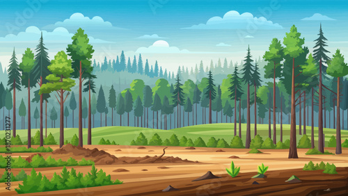 Forest Landscape with Deforested Area Under Cloudy Sky