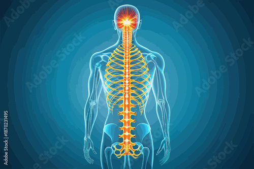 Human Nervous System Anatomy with Glowing Brain and Spine