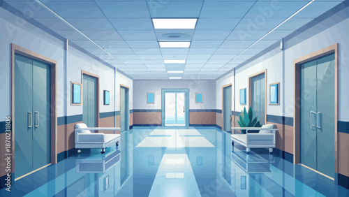 Modern Hospital Corridor with Doors and Beds