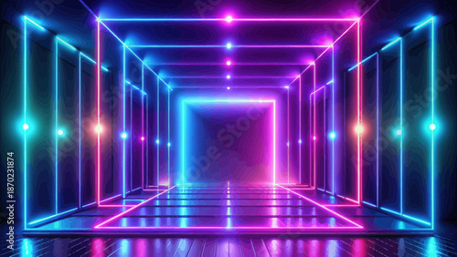 Neon Geometric Tunnel with Vibrant Blue and Pink Lights