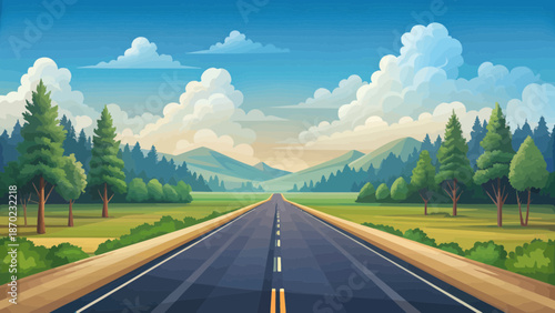 Scenic Highway Leading Through Mountains and Fields