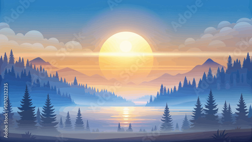 Serene Sunrise Over Misty Lake and Forest Landscape