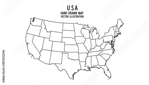 United states of america hand drawn map vector illustration country borders and states